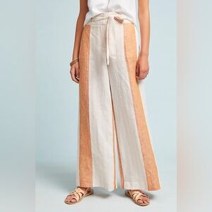 Anthropologie Cream and Tan Wide-Leg Linen Pants